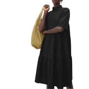 Everlane Tiered Midi Dress Size Medium M Black Mock Neck Short Sleeve Cotton